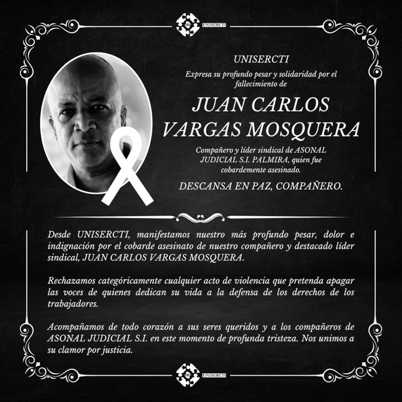 Familiares, compañeros de la Fiscalía General de la Nación y habitantes de Palmira y Patía lamentaron el asesinato de Juan Carlos Vargas, quien además era primo de tres víctimas del atentado terrorista registrado en Cajibío el pasado mes de abril.