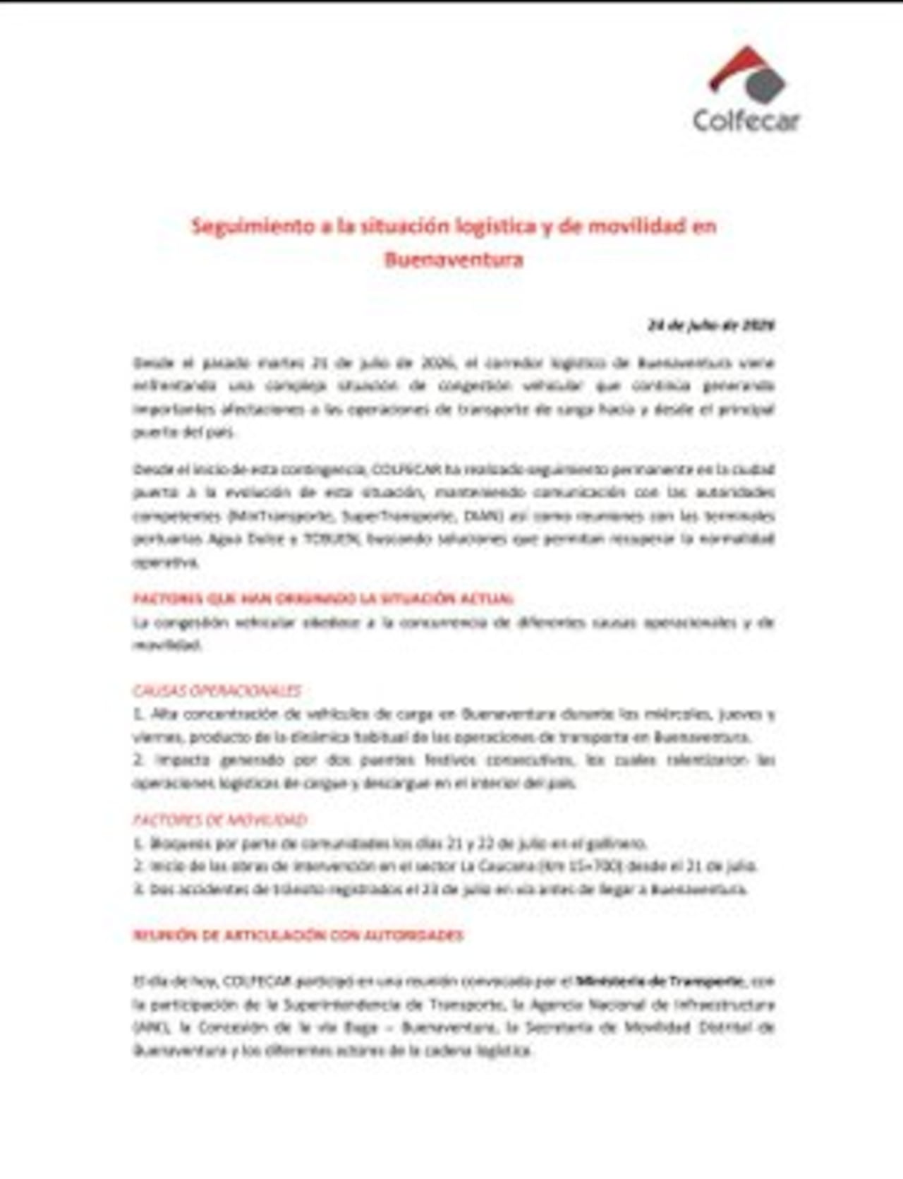 Colfecar informó sobre las medidas que acordaron para facilitar la movilidad y avanzar en la normalización de las operaciones en la vía a Buenaventura.