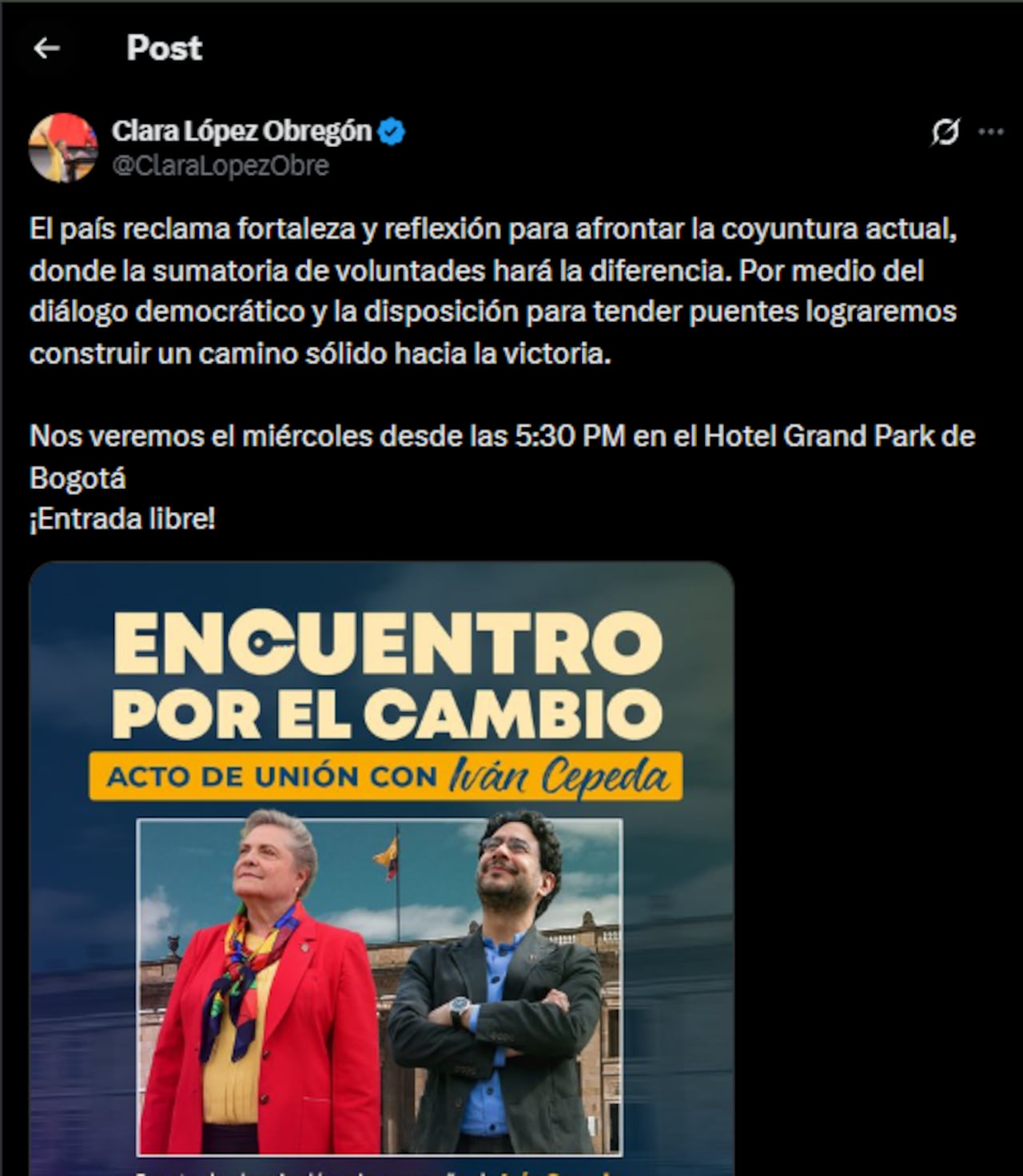 El evento contará con el respaldo de sectores como Todos Somos Colombia, Esperanza Democrática y la participación de la exalcaldesa Clara López Obregón.