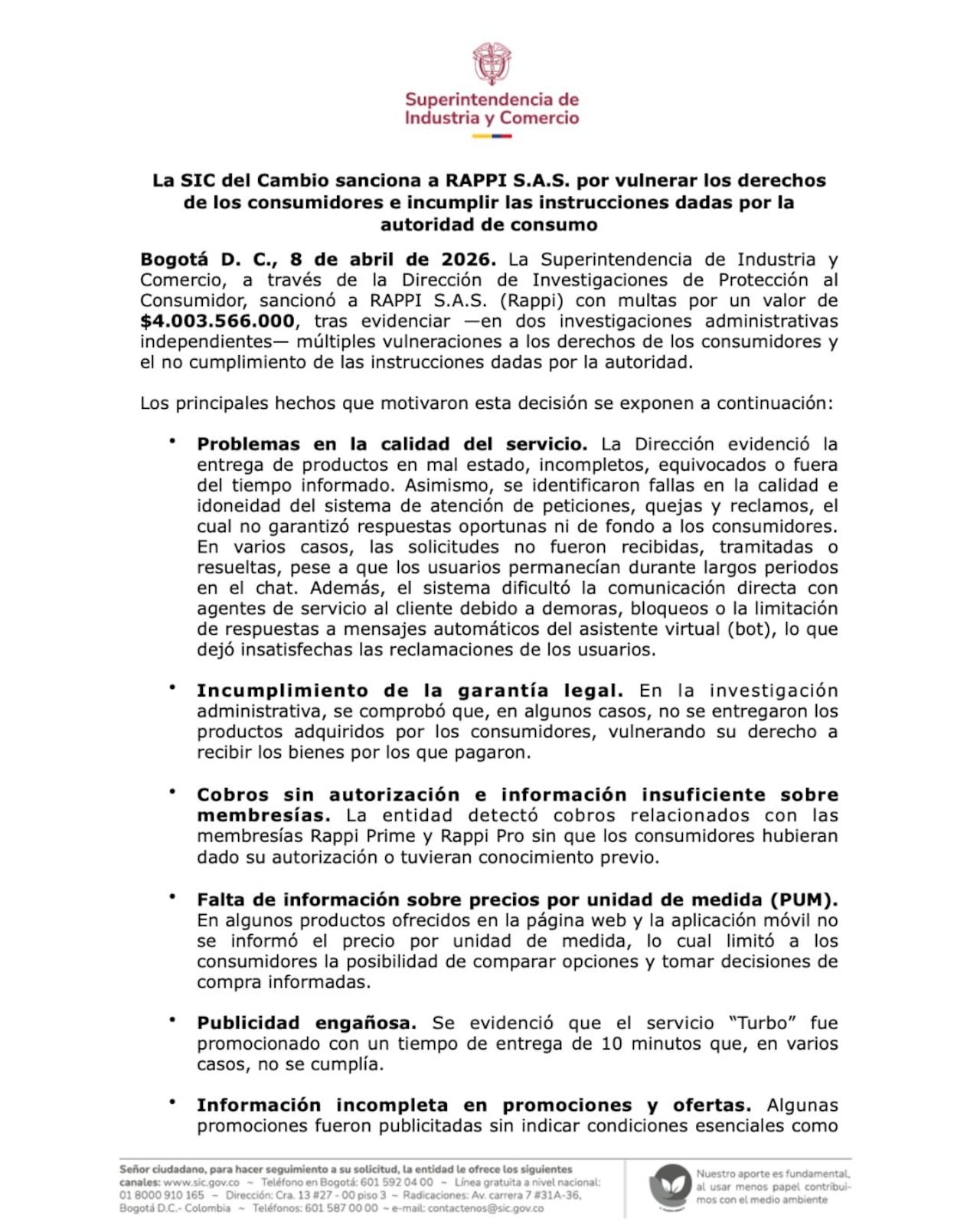 SIC sancionó a RAPPI S.A.S. por vulnerar derechos de los consumidores, tras evidenciar fallas en el servicio, publicidad engañosa, cobros no autorizados, cláusulas abusivas e incumplimiento de órdenes de la autoridad.