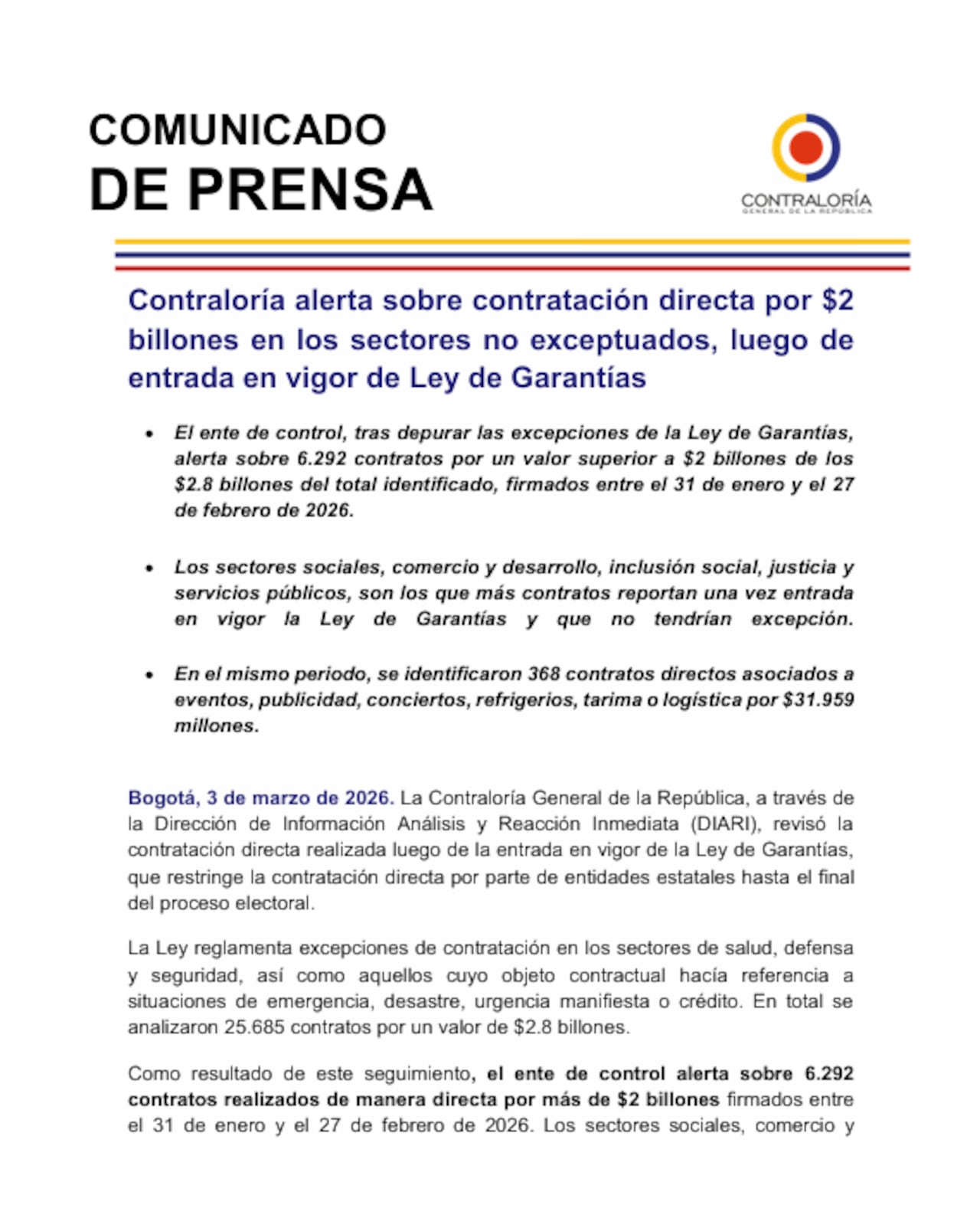 Esta es una parte del comunicado emitido por la Contraloría General de la República.