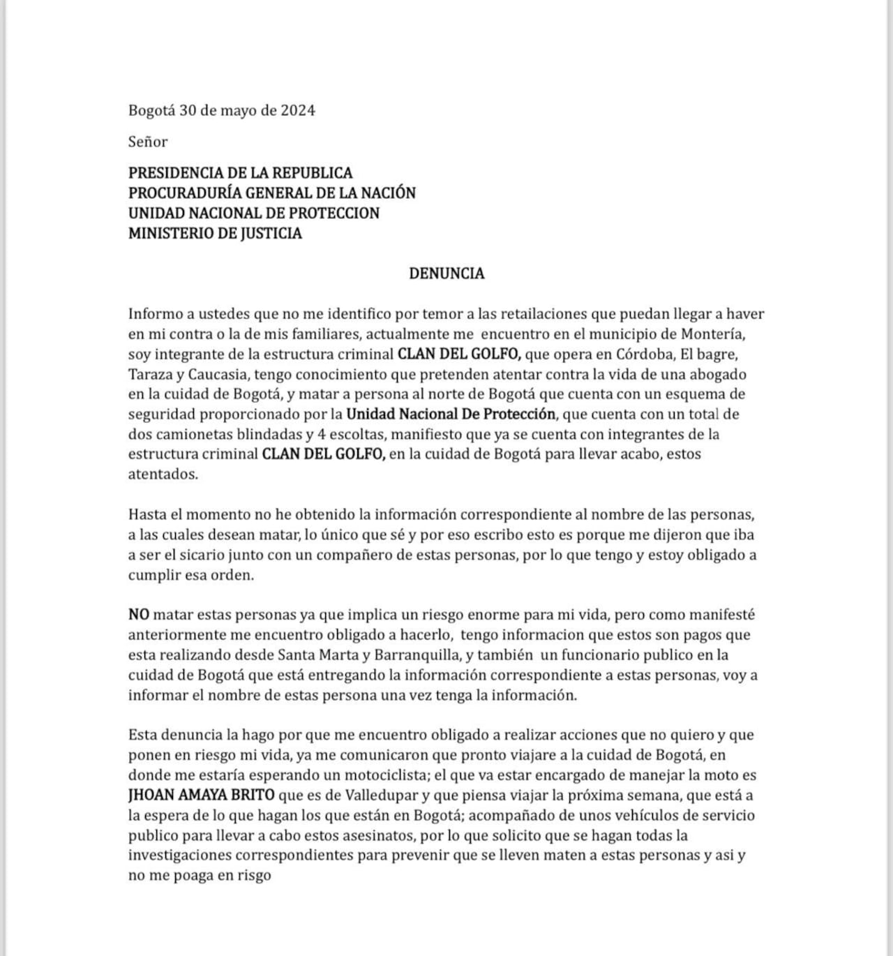 Esta carta sería la prueba del plan sicarial en contra del reconocido abogado.