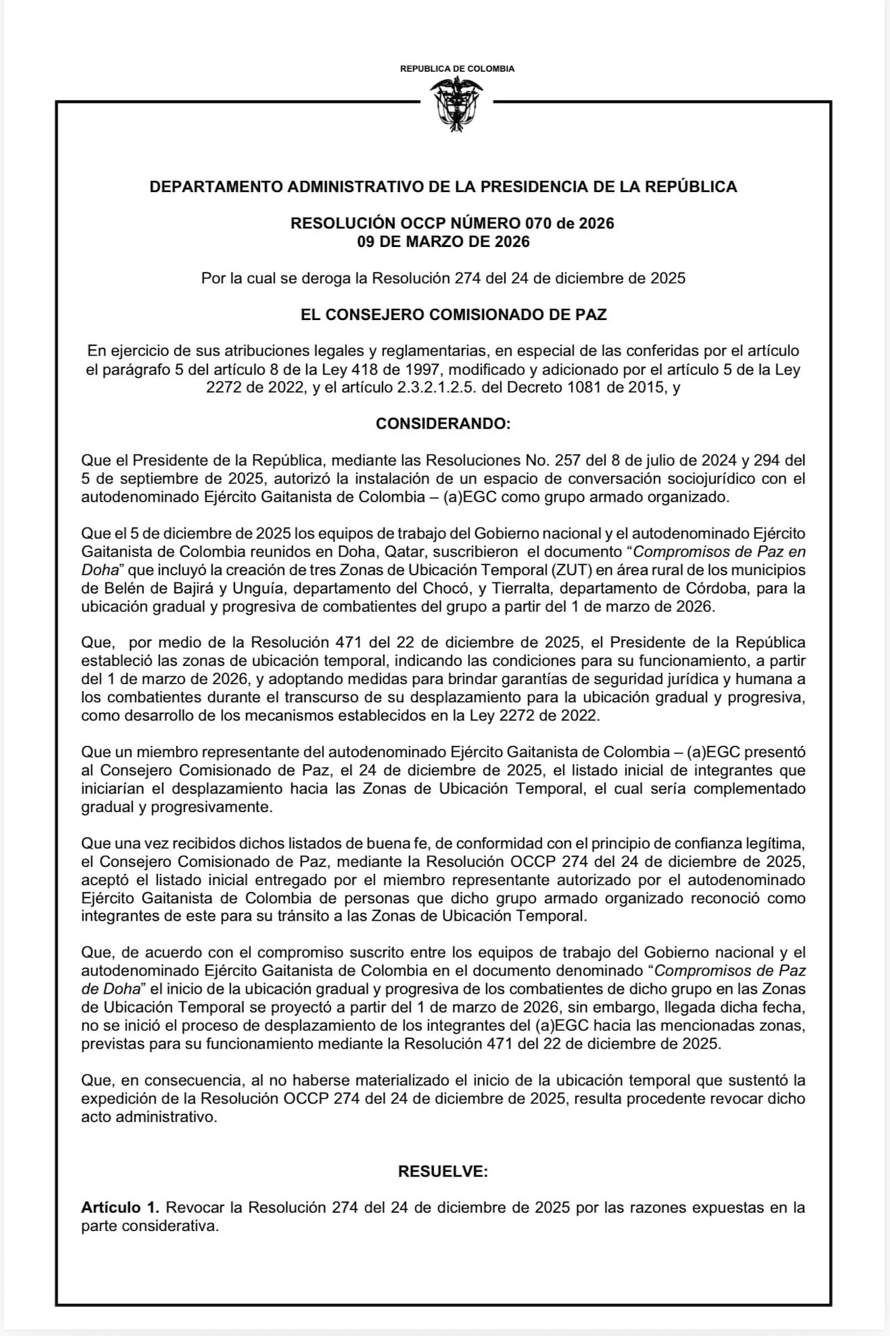 La Resolución 070 de 2026 deja sin efecto los beneficios jurídicos para la cúpula del ‘Clan del Golfo’.