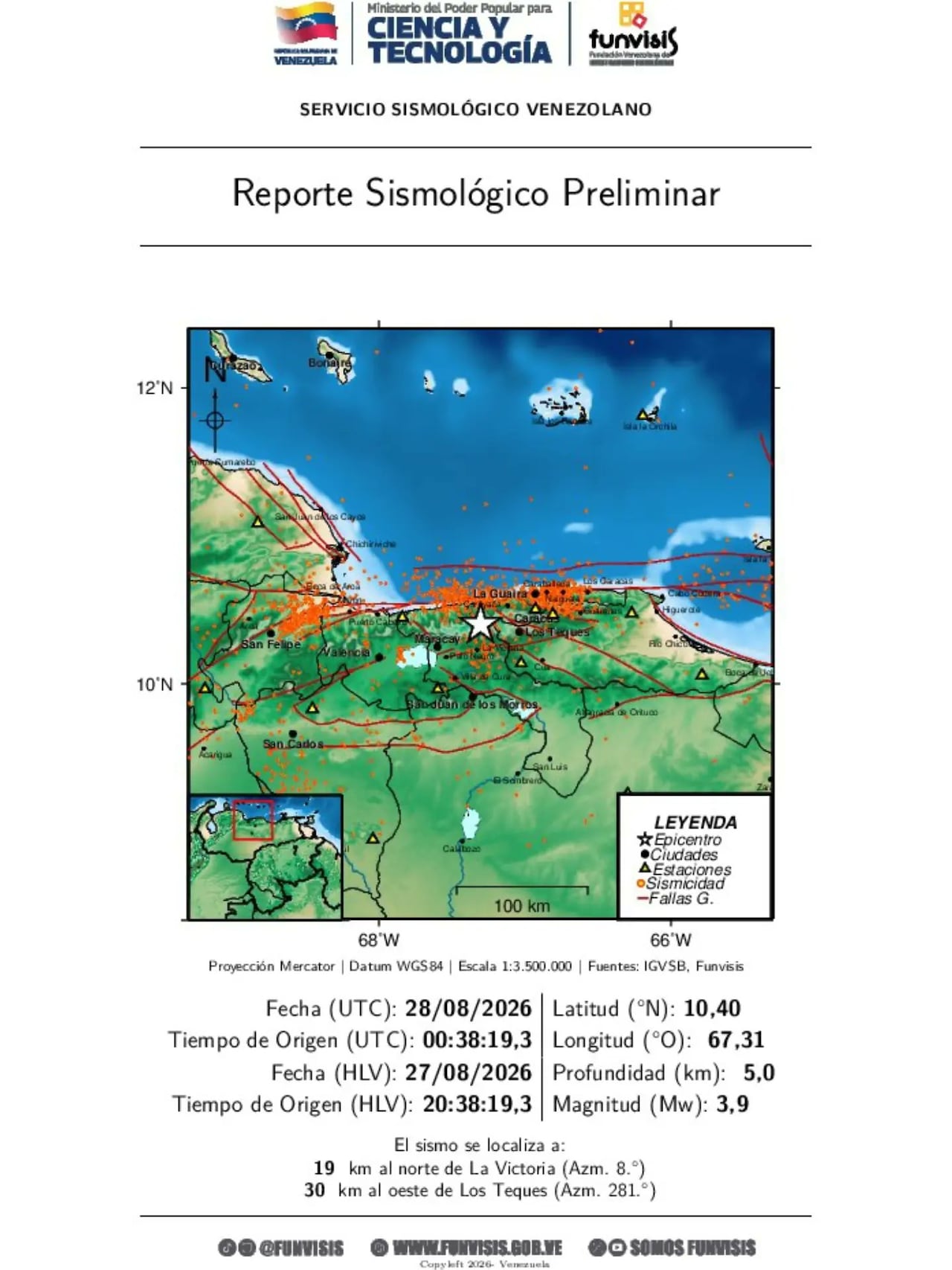 Un temblor de magnitud 3.9 se registró a las 8:38 p. m. de este jueves, 27 de agosto.