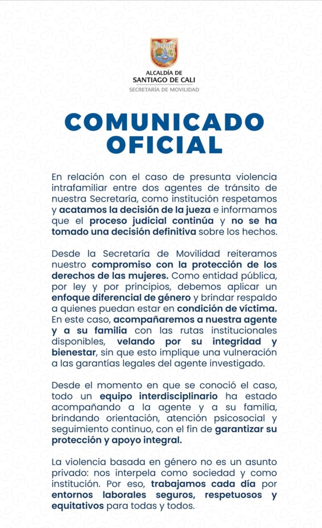 Secretaría de Movilidad de Cali se pronuncia sobre el caso de violencia intrafamiliar.