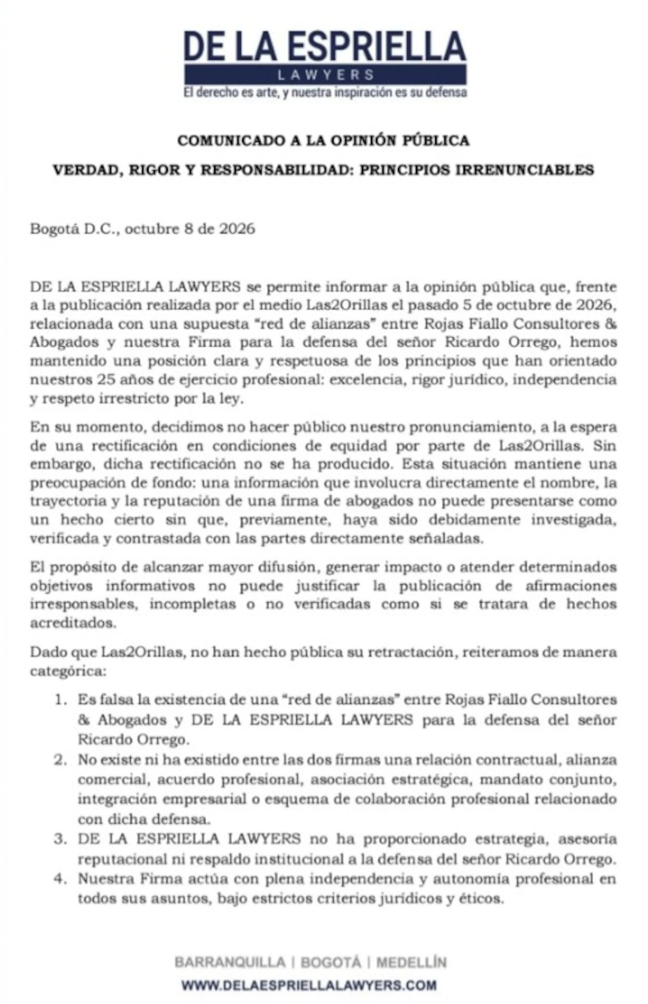 DE LA ESPRIELLA LAWYERS rechaza de manera categórica las afirmaciones de que exista una "red de alianzas" o relación alguna de su firma para la defensa de Ricardo Orrego.