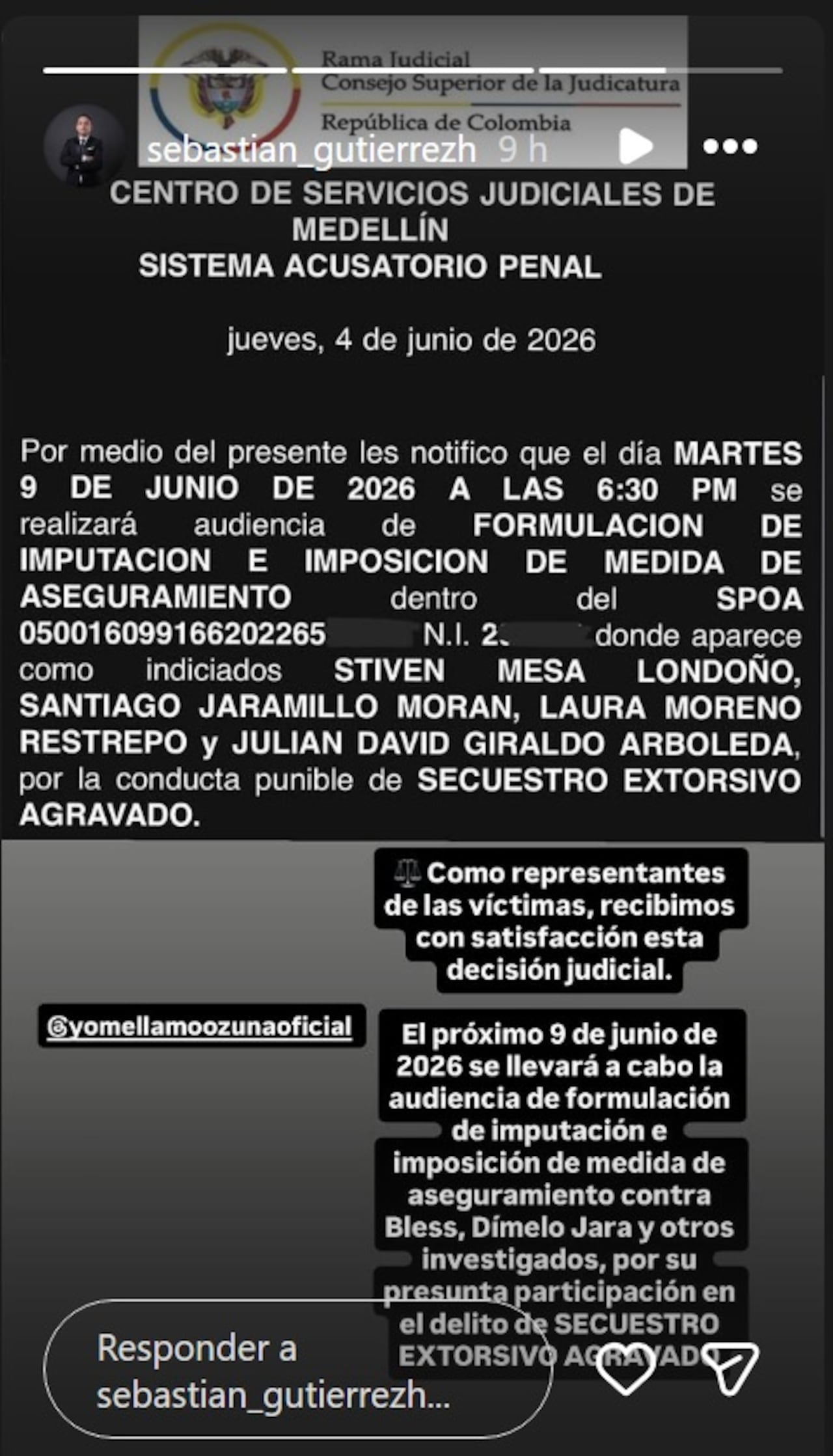 Audiencia de imputación con medida de aseguramiento al artista colombiano Blessd y a su representante, Dímelo Jara.