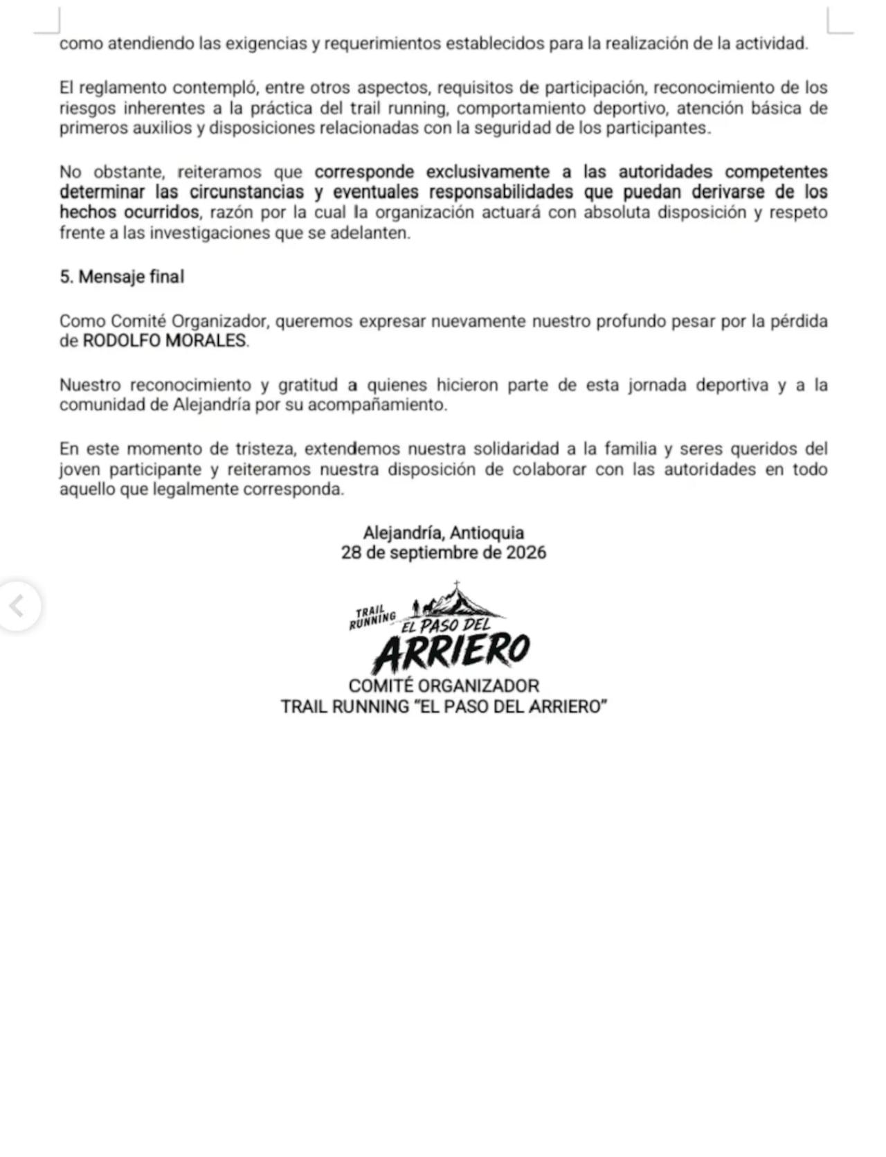 Segunda página del comunicado de 'El Paso del Arriero'.