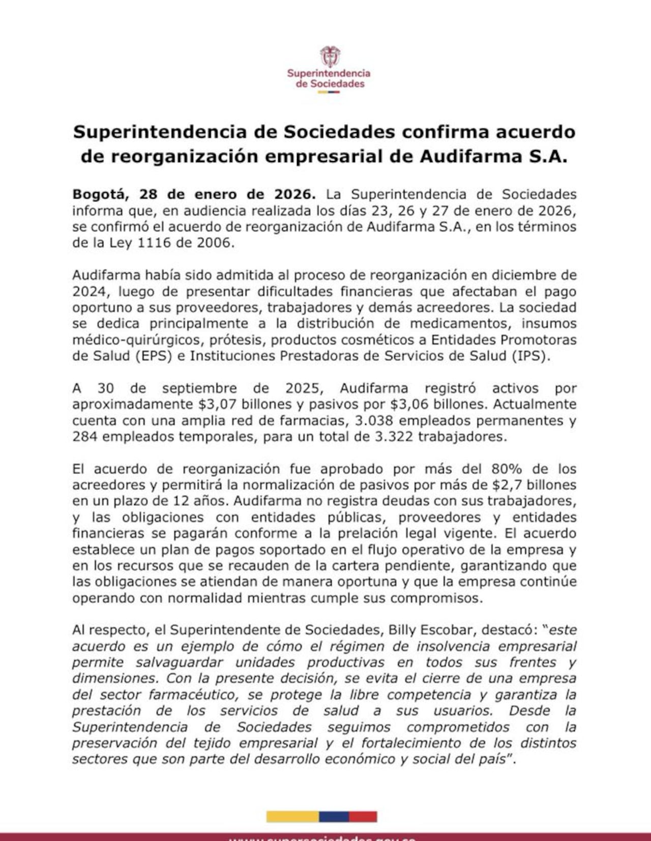 Aprueban reorganización empresarial de Audifarma bajo la Ley 1116 de 2006