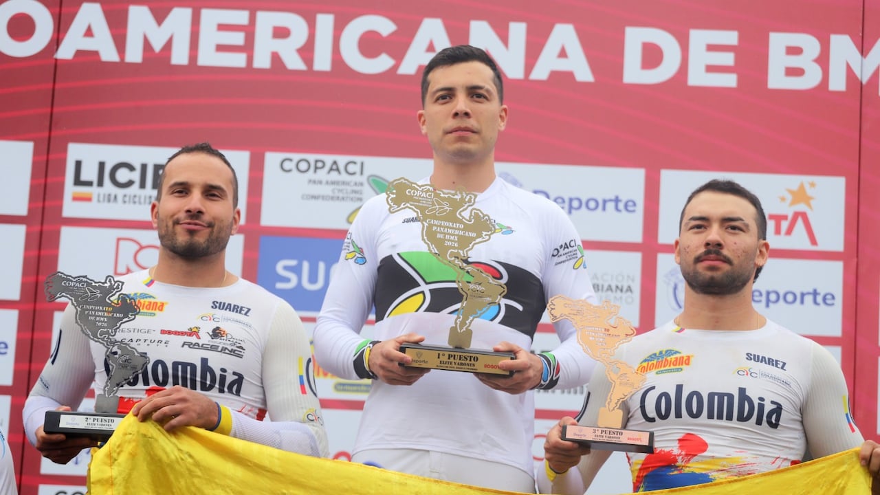 Podio barones élite del Campeonato Panamericano de BMX 2026. De izquierda a derecha los colombianos Carlos Ramírez, Diego Arboleda y Mateo Carmona.