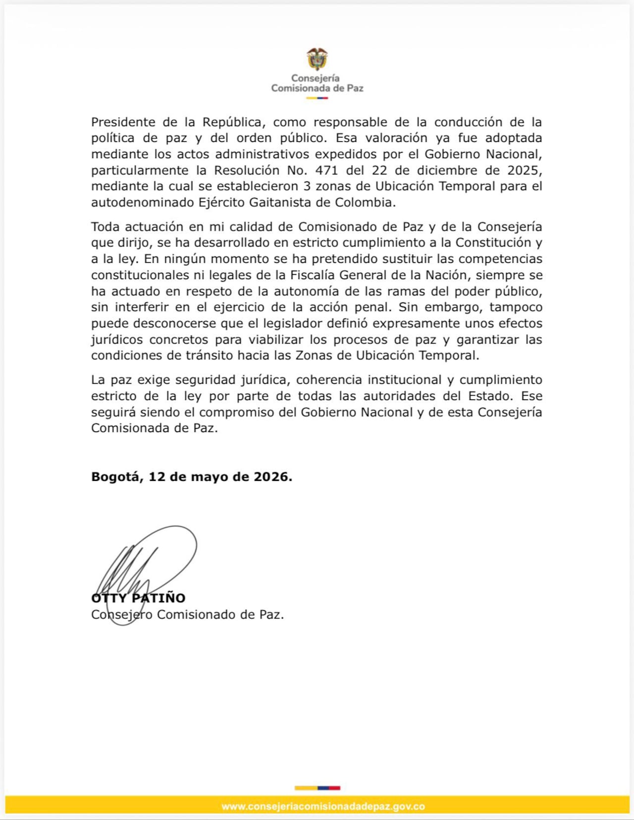 Gobierno defiende legalidad de suspensión de capturas para integrantes del EGC