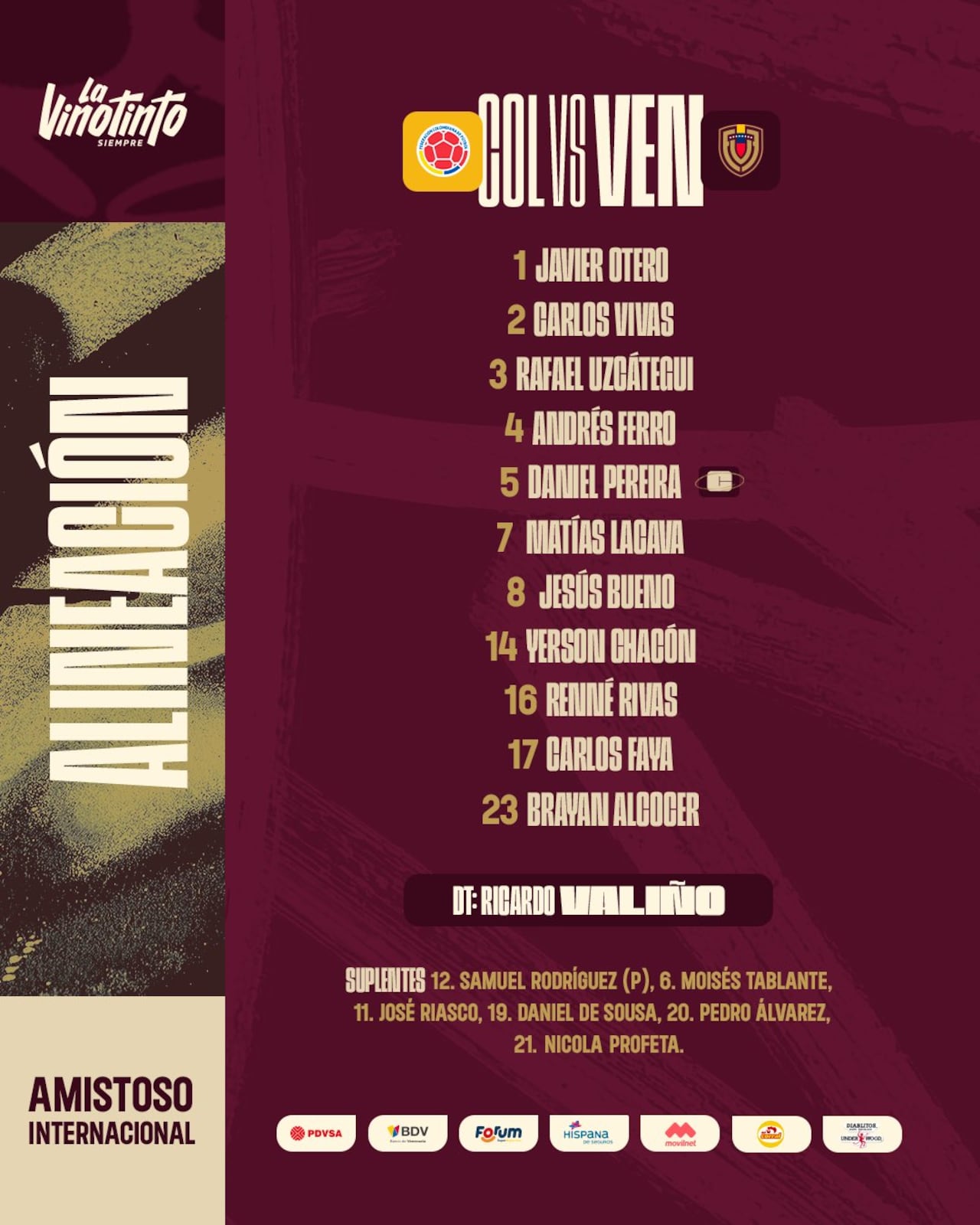 Once titular de Venezuela para enfrentar a Colombia en Fort Lauderdale.