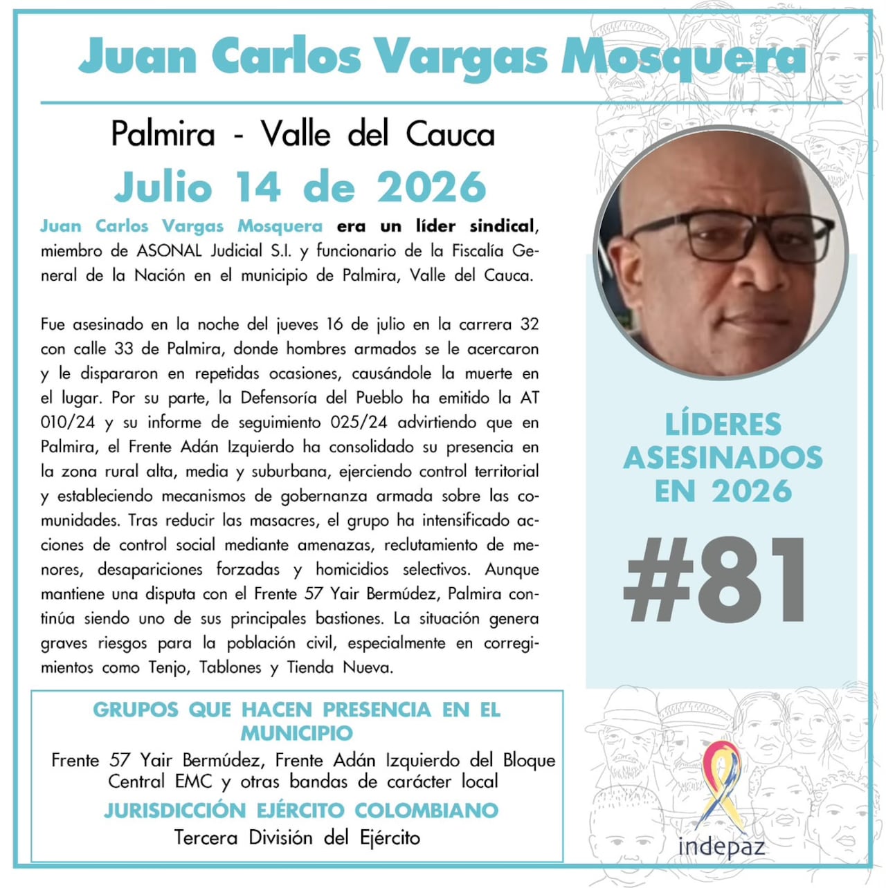 El homicidio de Juan Carlos Vargas Mosquera vuelve a encender las alertas por la violencia contra funcionarios judiciales y líderes sindicales, mientras organismos de derechos humanos piden que el caso no quede en la impunidad.