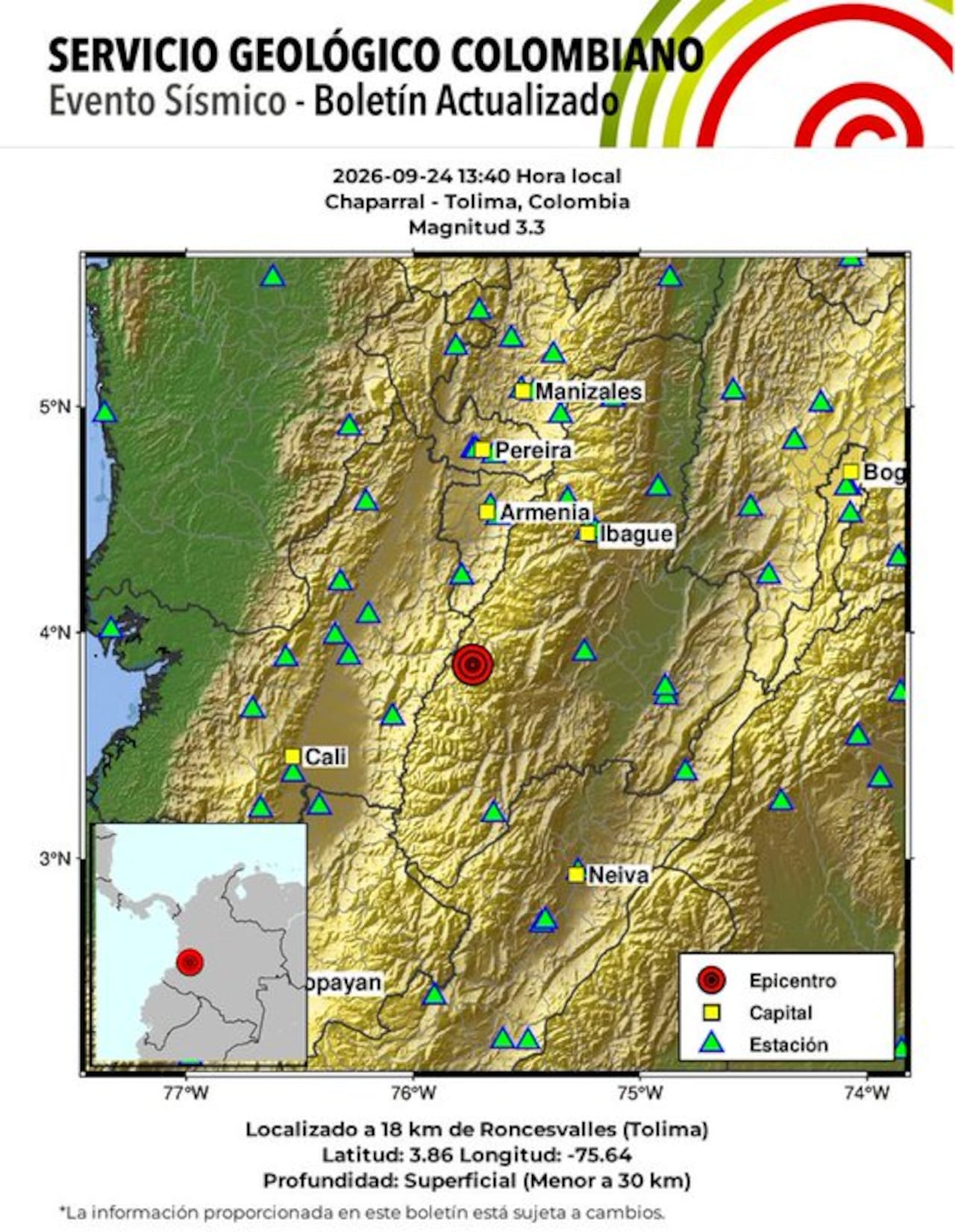Evento Sísmico - Boletín Actualizado 1, 2026-09-24, 13:40 hora local Magnitud 3.3. Profundidad superficial, Chaparral - Tolima, Colombia