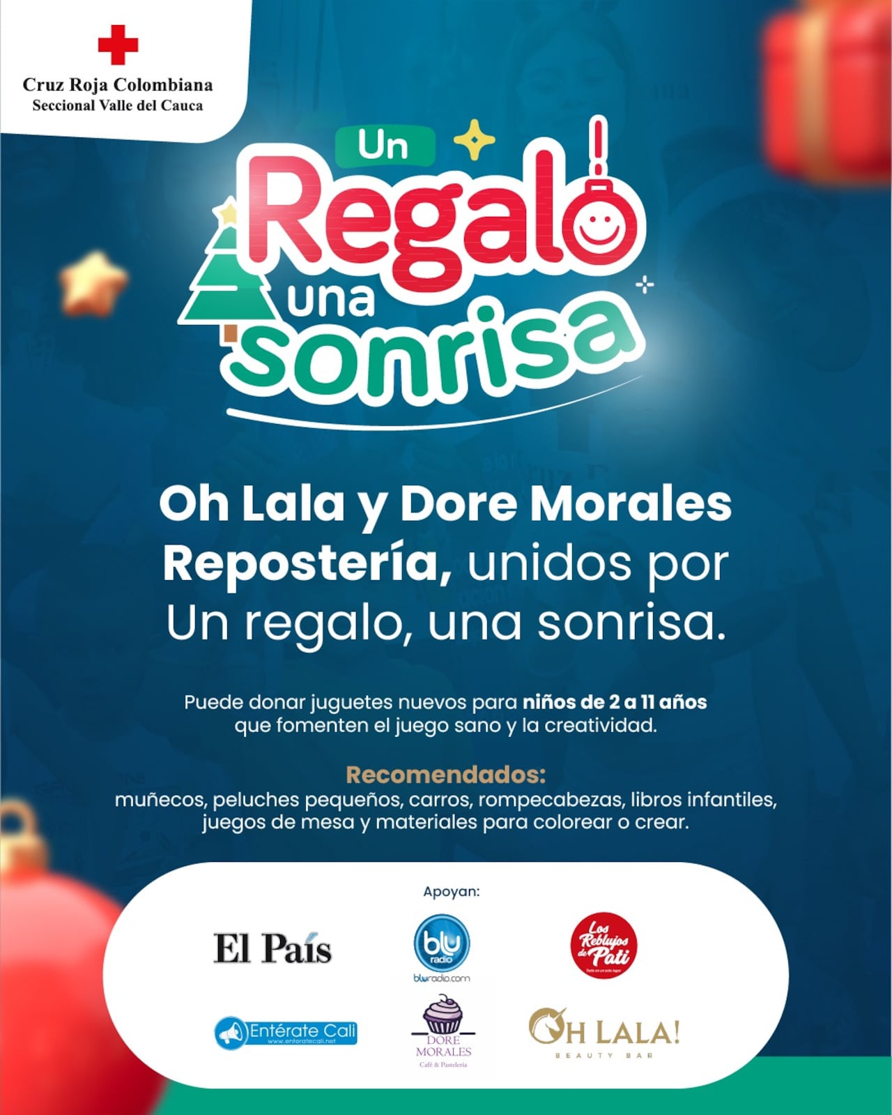 La campaña “Un regalo, una sonrisa” cuenta con el apoyo de aliados locales, entre ellos Dore Morales Repostería y Oh Lala Makeup Bar, que se sumaron a la recolección de juguetes.