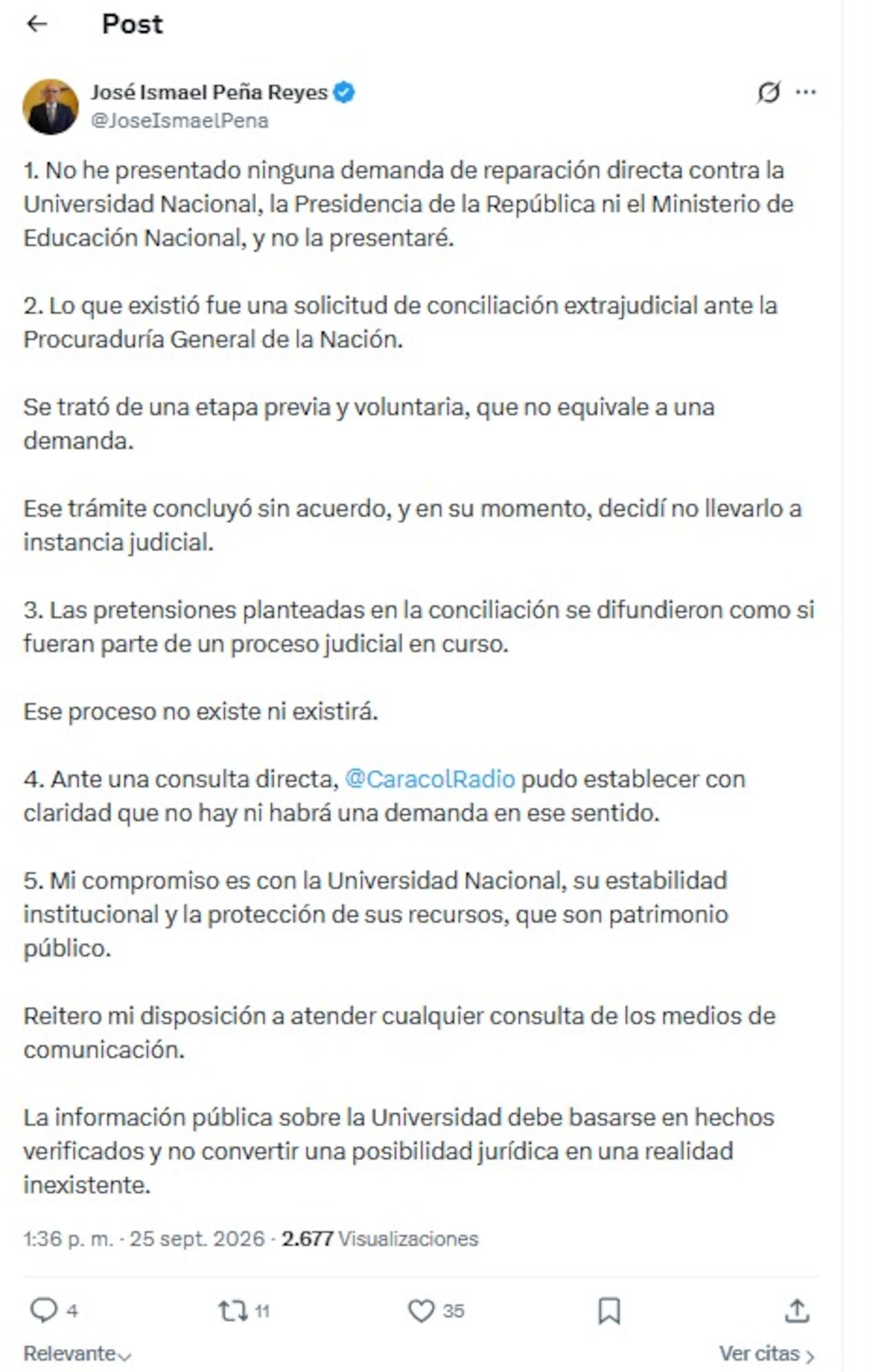 Rector de la Universidad Nacional negó haber demandado a la institución