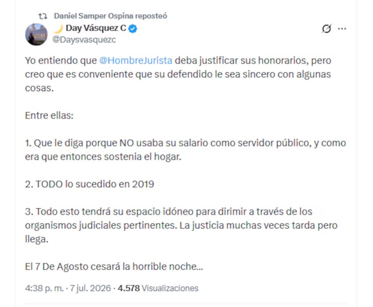 Day Vásquez, expareja de Nicolás Petro, instó al abogado Alejandro Carranza a que revele cómo hacía el exdiputado para financiar los gastos del hogar.