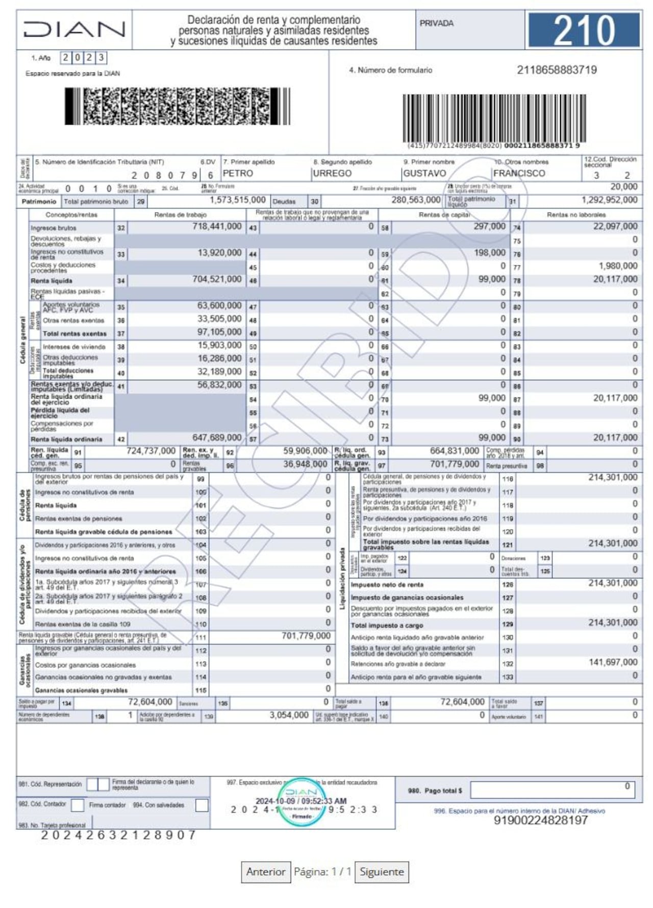 Declaración de renta presidente Gustavo Petro
