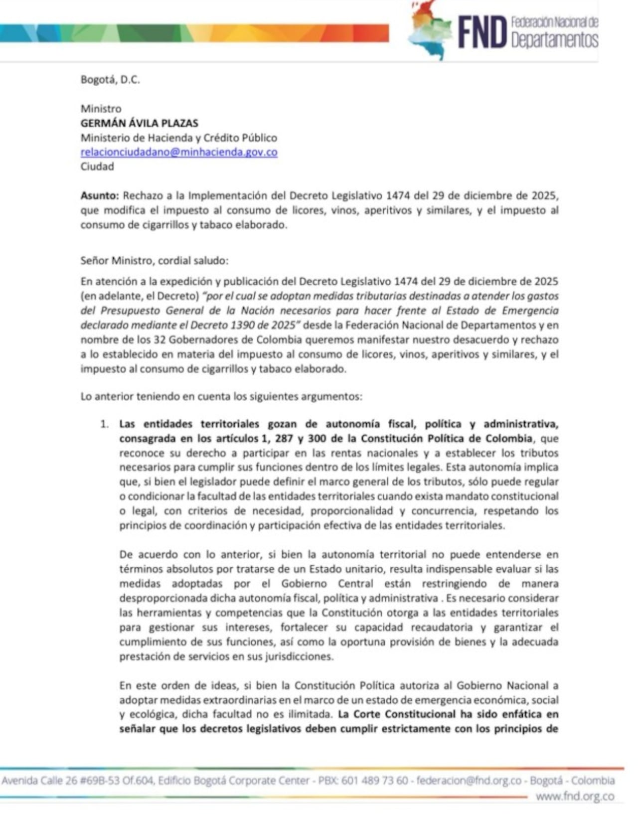 La FND envió una carta al Ministerio de Hacienda rechazando el aumento del impuesto al consumo que afectaría los recursos de los departamentos.