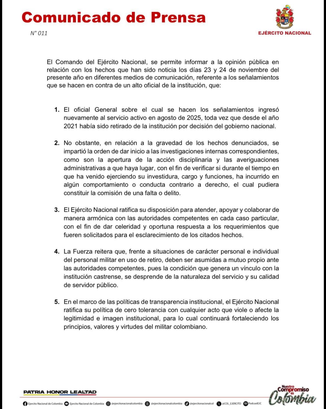El Ejército Nacional informó que ya se abrió la investigación correspondiente y la acción disciplinaria.
