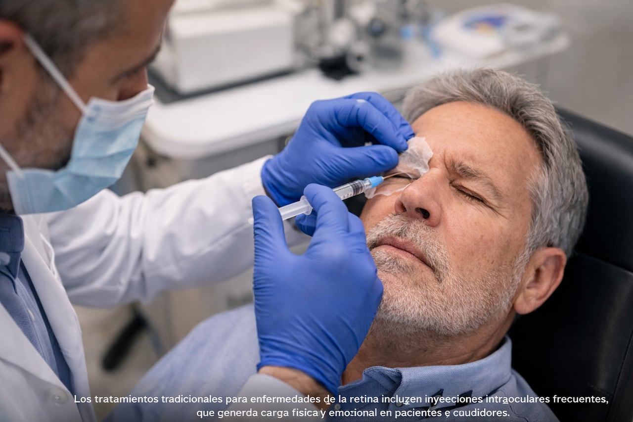 Los tratamientos tradicionales para enfermedades de la retina incluyen inyecciones intraoculares frecuentes, que generan carga física y emocional en pacientes y cuidadores.