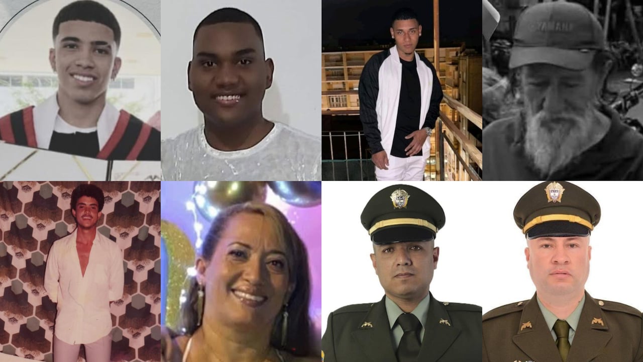 Superior de izquierda a derecha: Juan Diego Martínez, 17 años; Cristian Riascos, 24 años; Jhon Alexander Zúñiga, 24 años; El barbas.
Inferior de izquierda a derecha: Jhon Elder Parra, taxista de 59 años; Martha Lucía Agudelo; subintendente Robert Melo; subintendente Jorge Gómez.