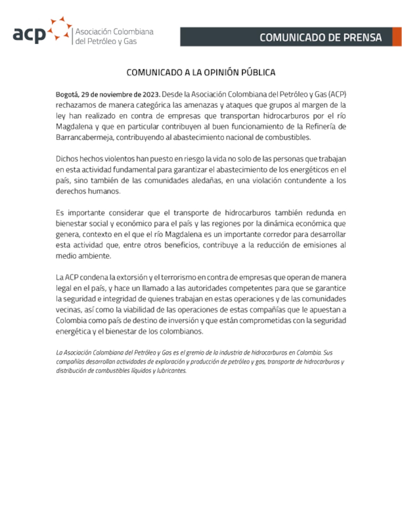 Este fue el comunicado emitido este 29 de noviembre por la ACP.
