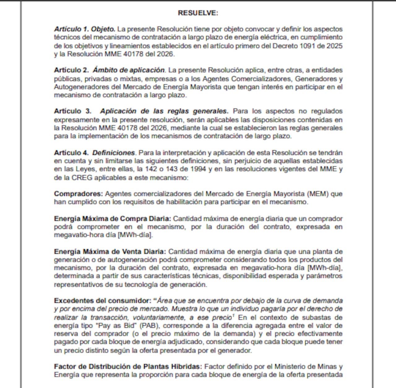 Ministerio de Minas y Energía publicó una resolución de contratación a largo plazo de energía eléctrica