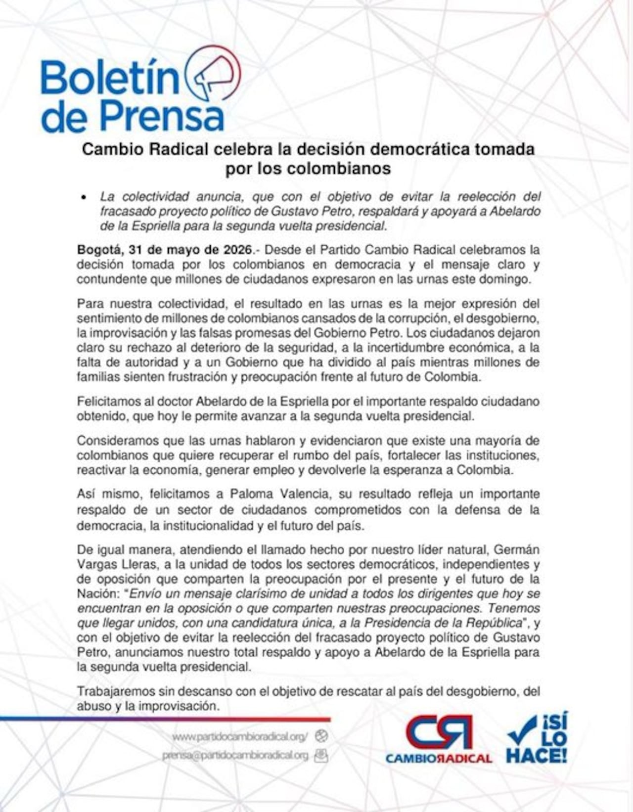 Cambio Radical entregó su respaldo a de la Espriella.