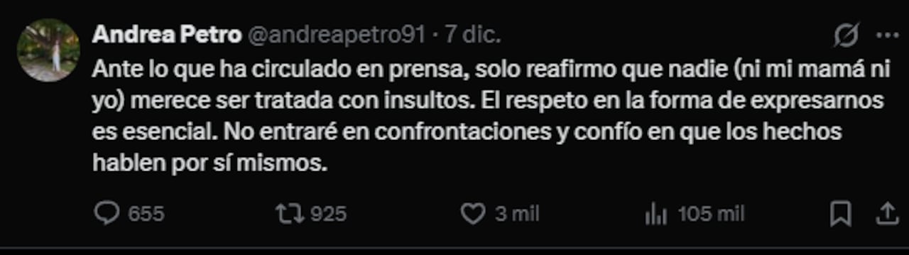 Reacción de Andrea Petro.