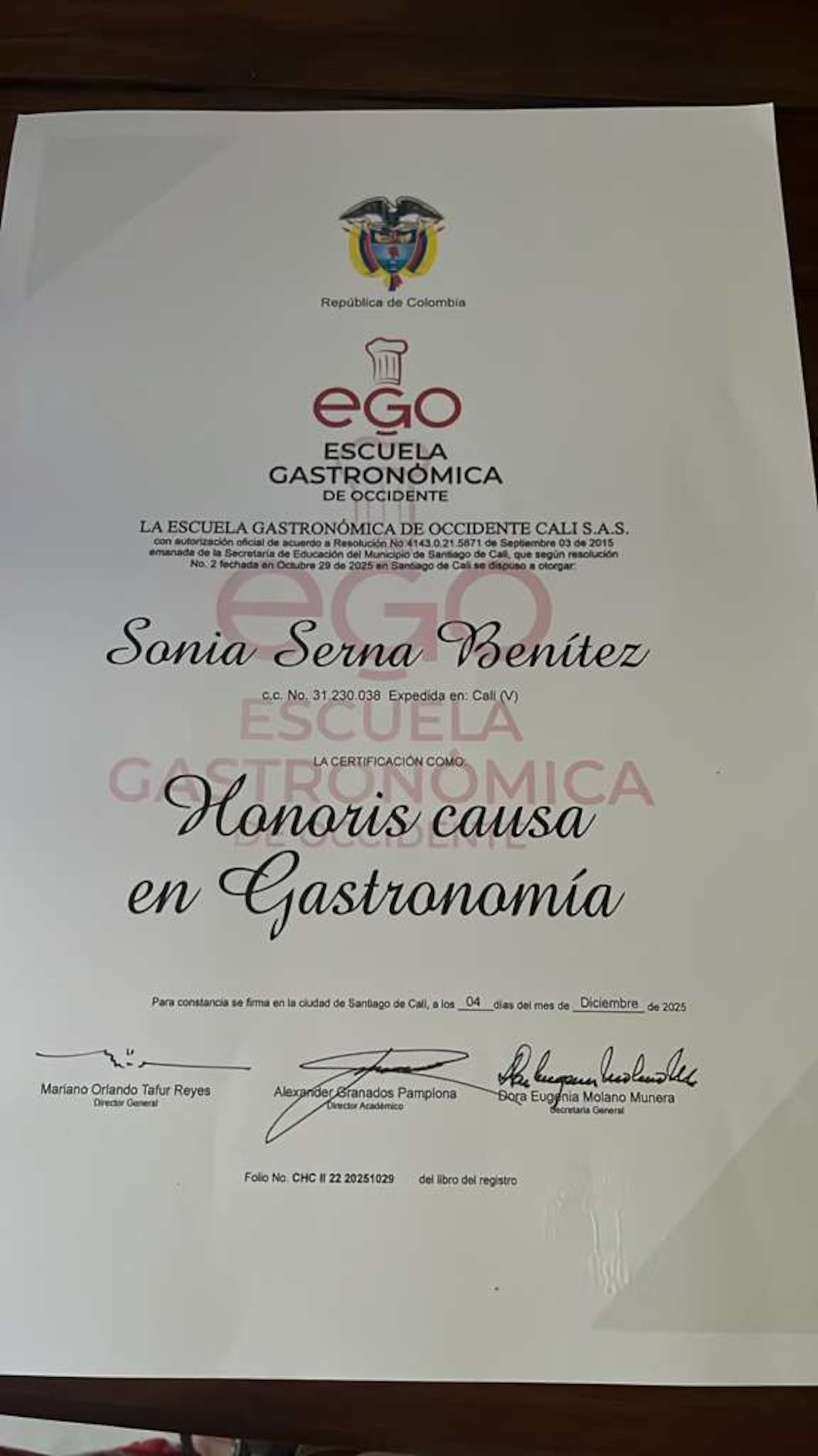 Honoris Causa en gastronomía, fue el título otorgado a la chef Sonia Serna.
