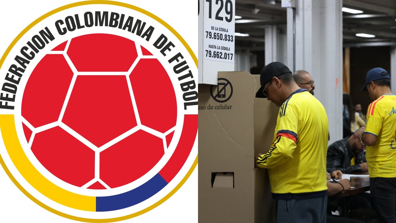 Logo de la Federación Colombiana de Fútbol (FCF) y una persona votando durante las elecciones 2026.