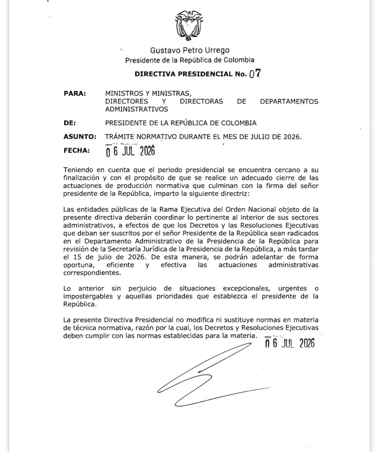 Directiva que expidió el presidente saliente Gustavo Petro.