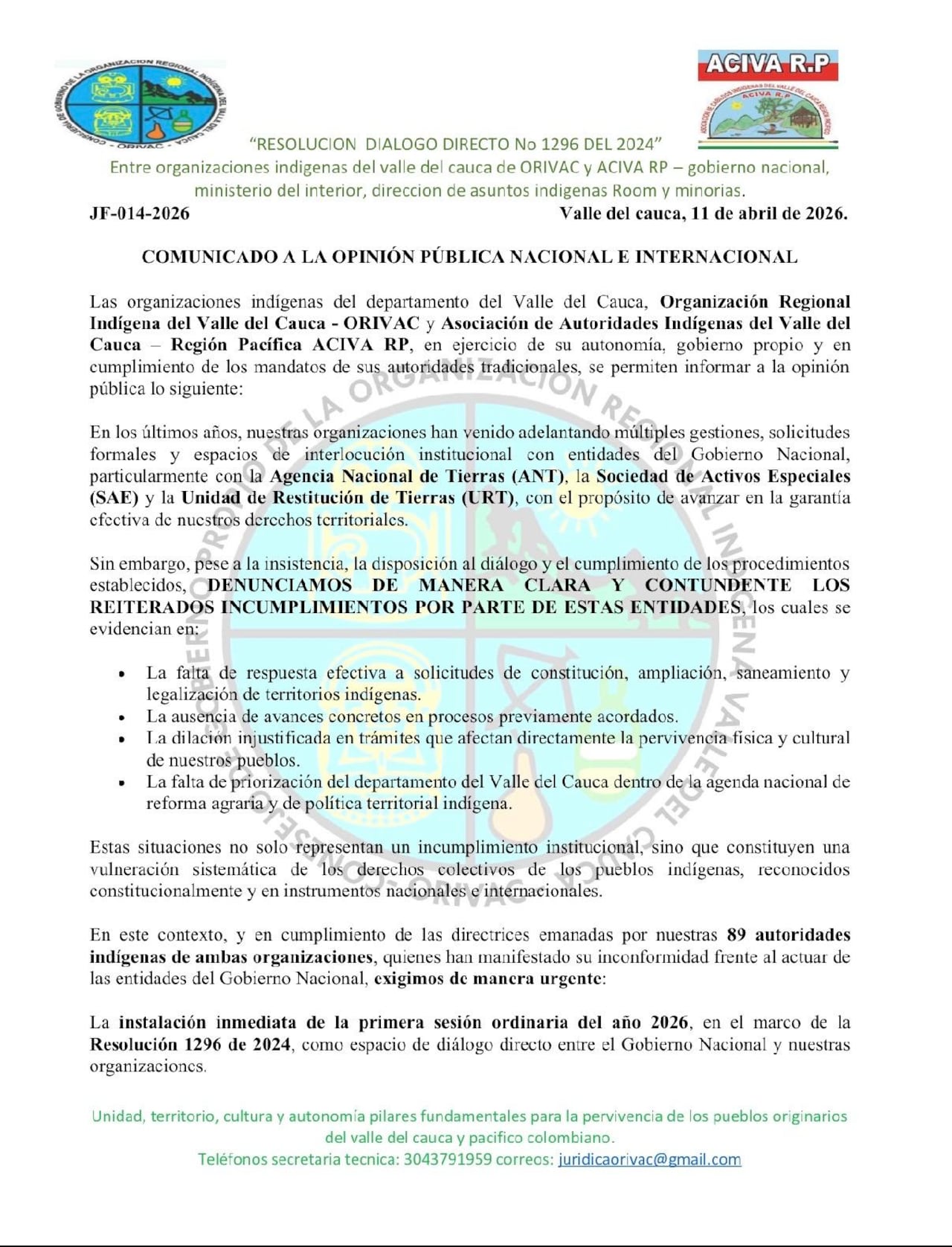 Las comunidades denuncian que entidades como la Agencia Nacional de Tierras (ANT), la SAE y la Unidad de Restitución de Tierras han fallado sistemáticamente en sus compromisos.