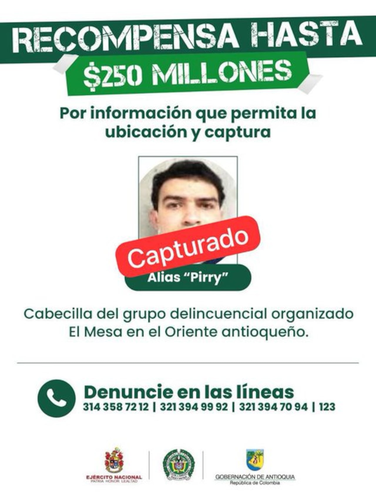 cayó alias Pirry, uno de los cabecillas de El Mesa y uno de los criminales más buscados de Antioquia