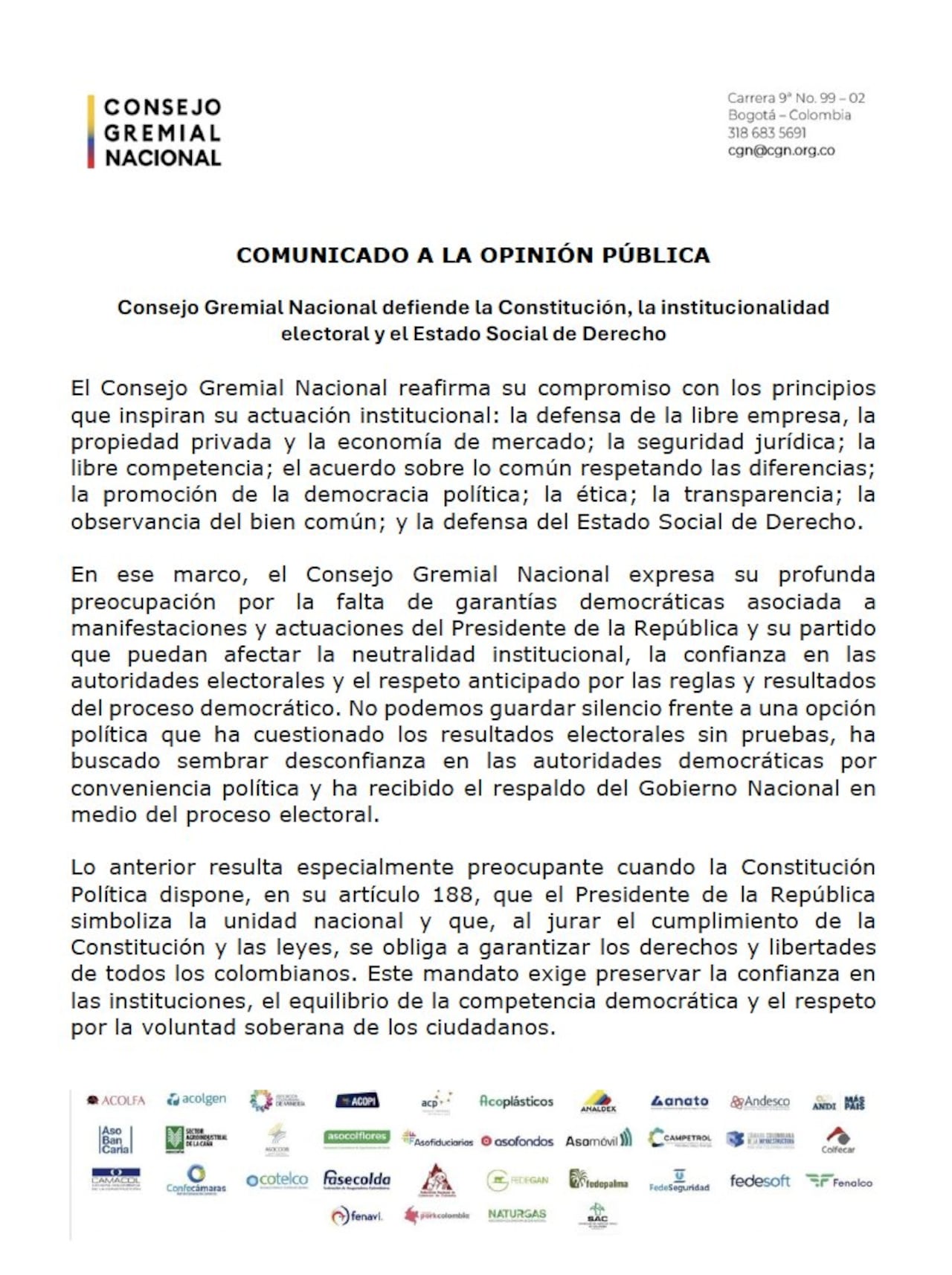 El Consejo Gremial emitió un comunicado en rechazo a la postura del presidente Petro, quien desconoció los resultados del preconteo electoral.