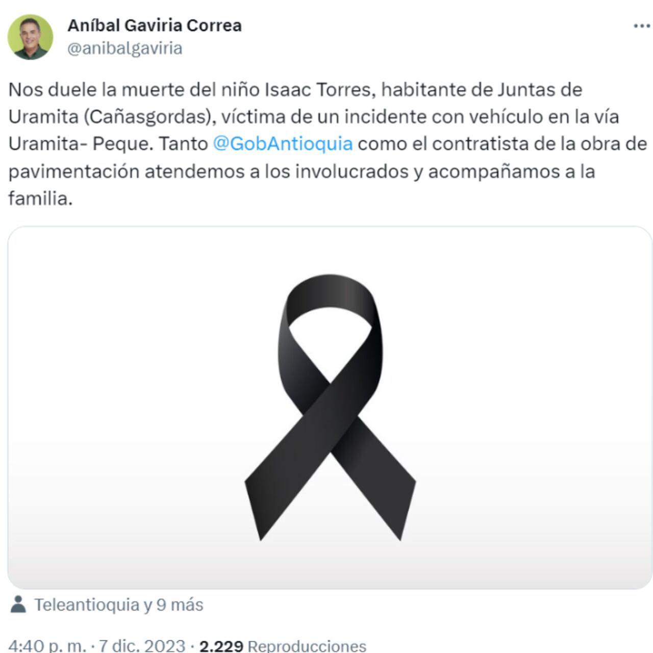 El Gobernador dio su sentido pésame por la tragedia.