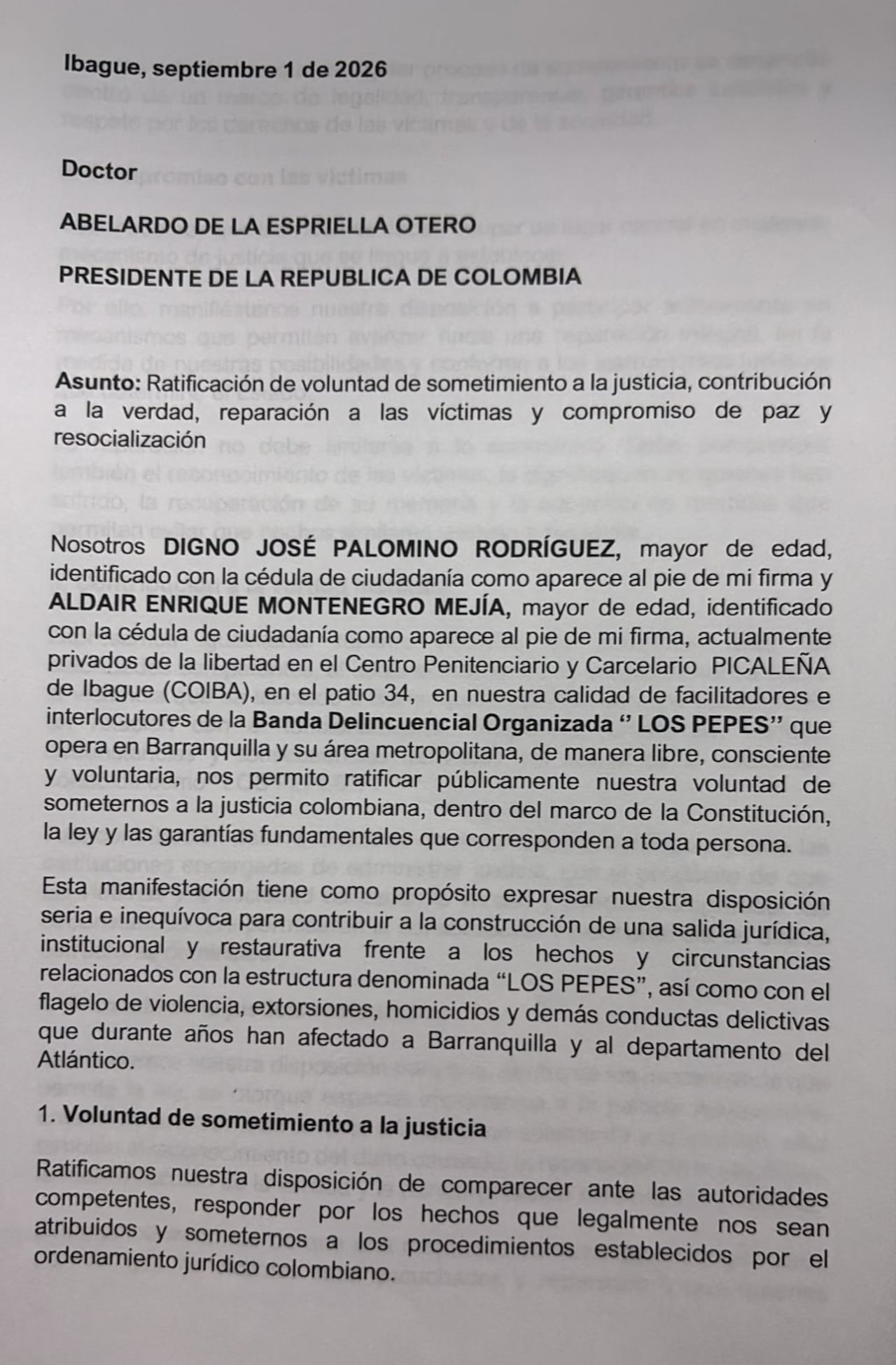 Carta de Digno Palomino al presidente Abelardo De La Espriella.