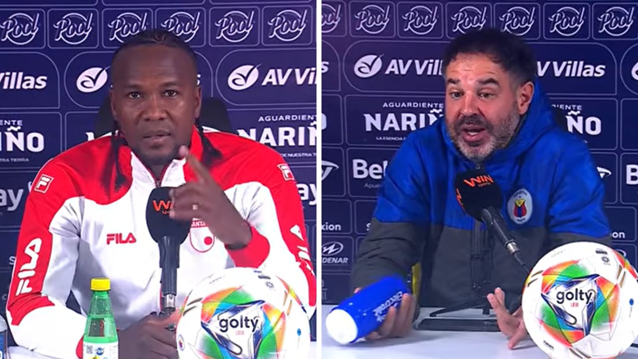 El goleador de Santa Fe, Hugo Rodallega (izq.) y el técnico del Deportivo Pasto, Jonathan Risueño (der.) cruzaron declaraciones en rueda de prensa.