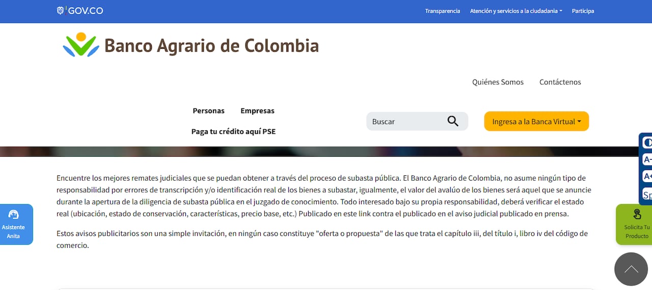 Estas son algunas de las especificaciones de los remates ofrecidos en la página web del Banco Agrario.