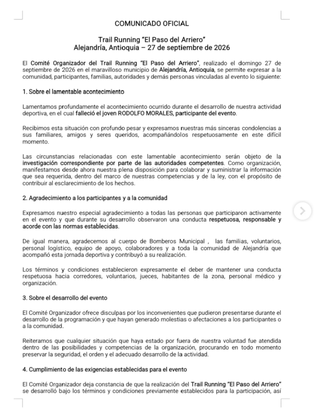 Primera página del comunicado de 'El Paso del Arriero'.
