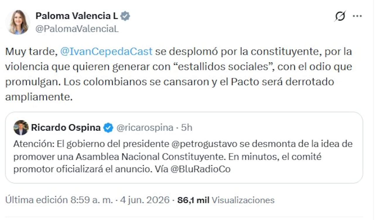 Paloma Valencia se pronunció ante archivo de la propuesta de la constituyente.