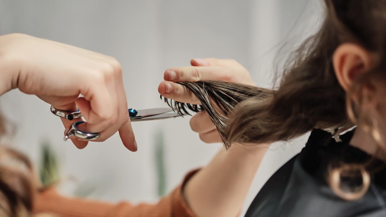 Human hands hair cut using a scissors lock of hair