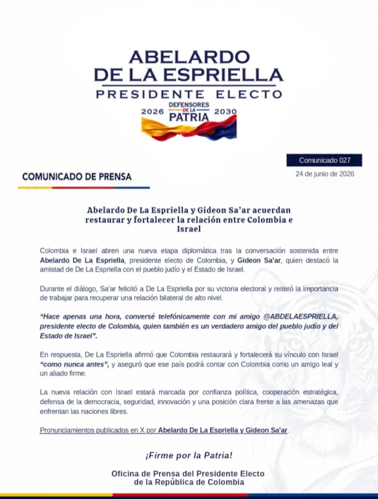 Abelardo de la Espriella y canciller de Israel acuerdan fortalecer las relaciones bilaterales