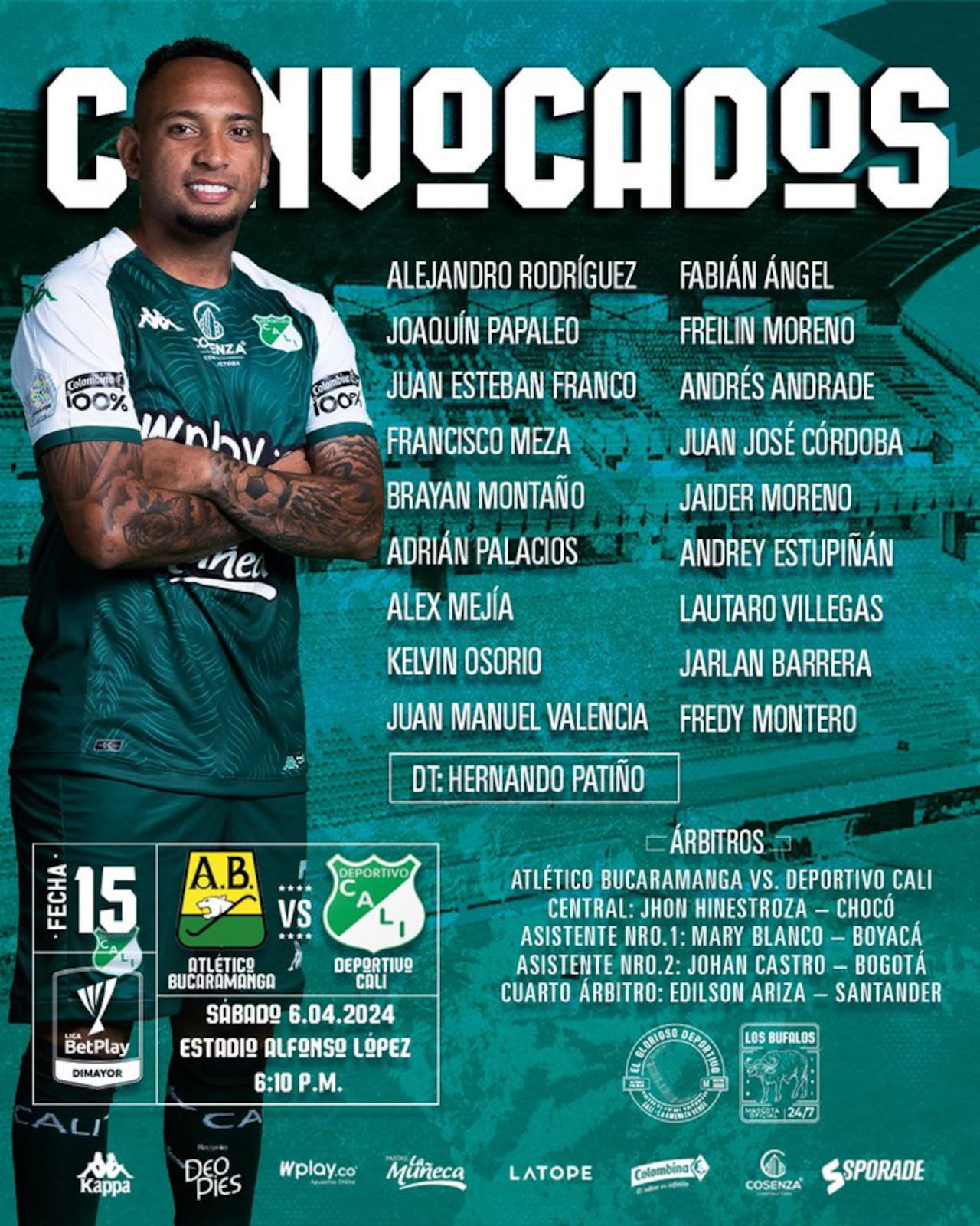 Convocados del Deportivo Cali para el partido ante Atlético Bucaramanga.