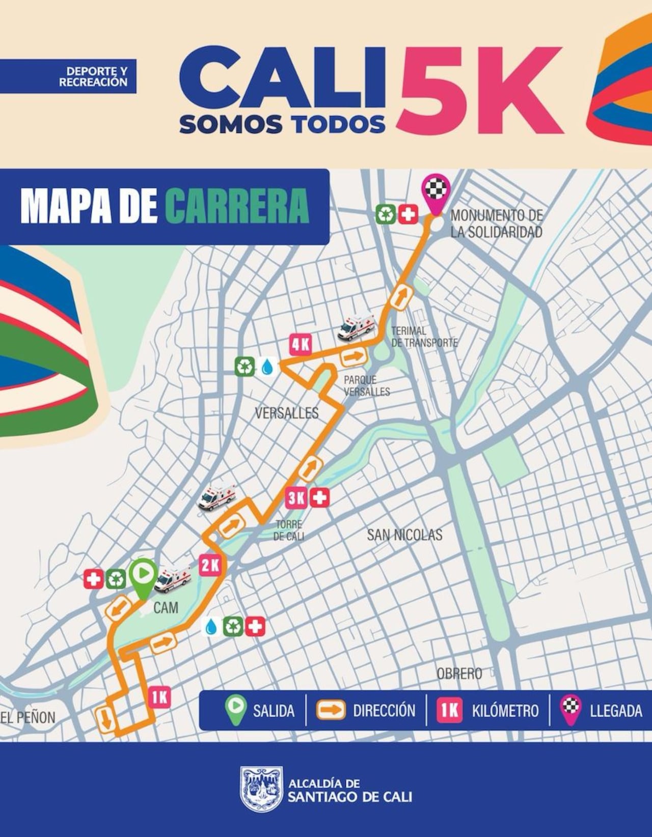Mapa de la carrera solidaria ‘Cali Somos Todos’: domingo 13 de septiembre.