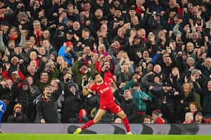 Liverpool's Luis Diaz celebrates after scoring his side's fourth goal during the English Premier League soccer match between Liverpool and Chelsea, at Anfield Stadium, Liverpool, England, Wednesday, Jan.31, 2024. (AP Photo/Jon Super)