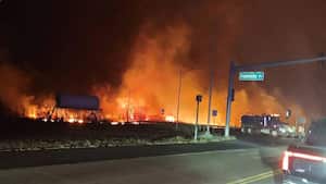 Incendio forestal cerca de una intersección en Lahaina, Hawái.