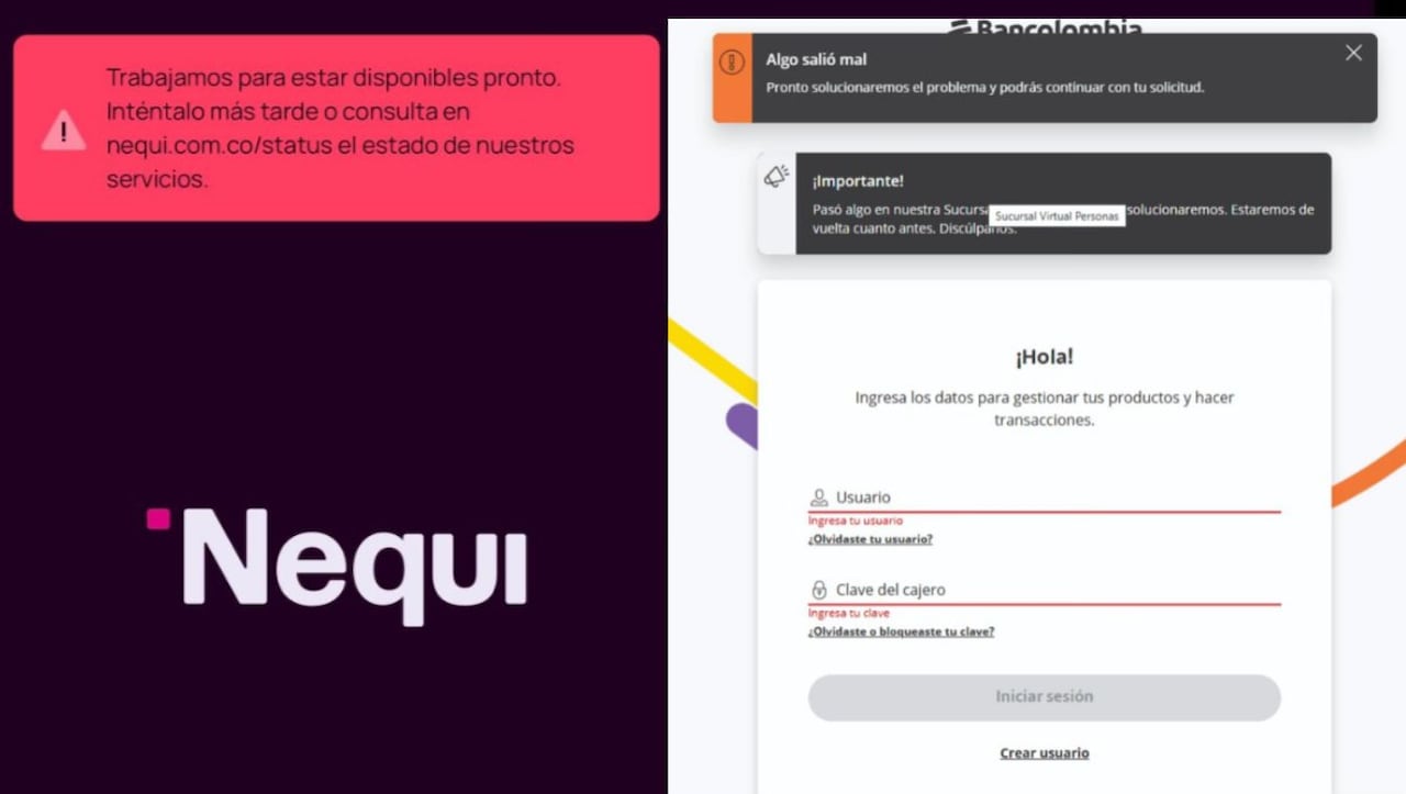 Caída simultánea de Bancolombia y Nequi genera problemas de acceso a servicios digitales