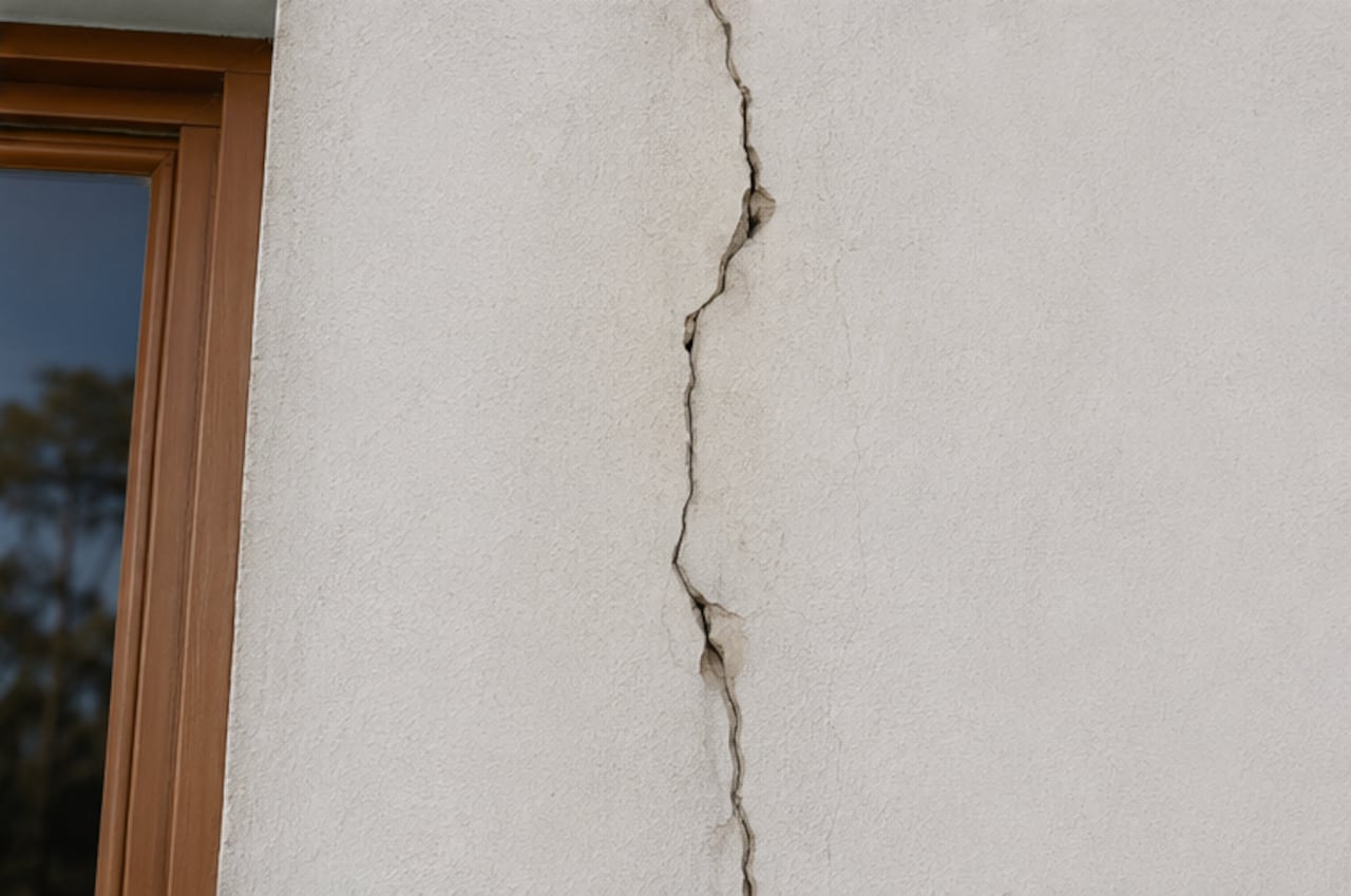 Una fisura vertical ancha o que atraviesa el muro puede estar relacionada con asentamientos o movimientos de la estructura y requiere valoración.